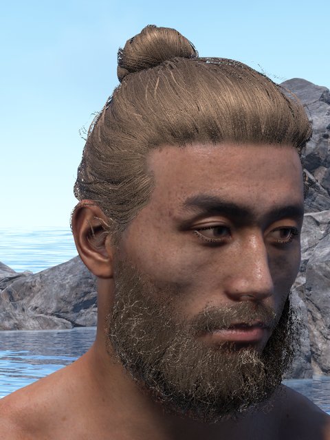 asian male, bun, full beard